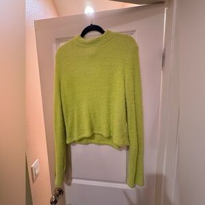 By Anthropologie Mock Neck Neon Lime Fuzzy Crop Pullover Sweater Size XL NWT